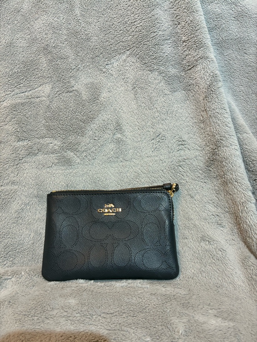 Coach Black Signature Perforated Leather Zip Pouch with Gold Hardware